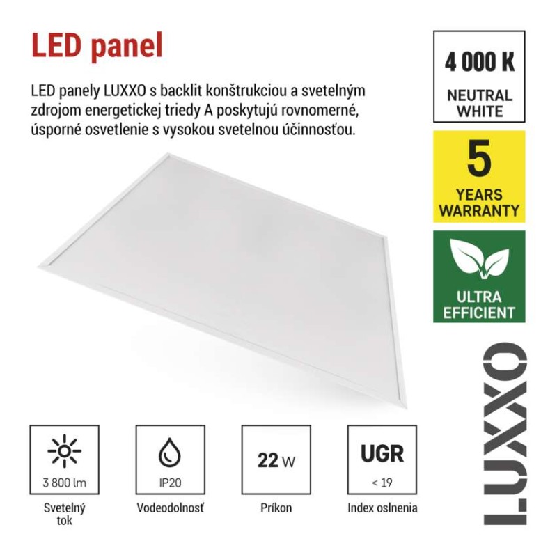 LED panel LUXXO backlit 60×60, štvorcový vstavaný biely, 22W neutrálna b. UGR