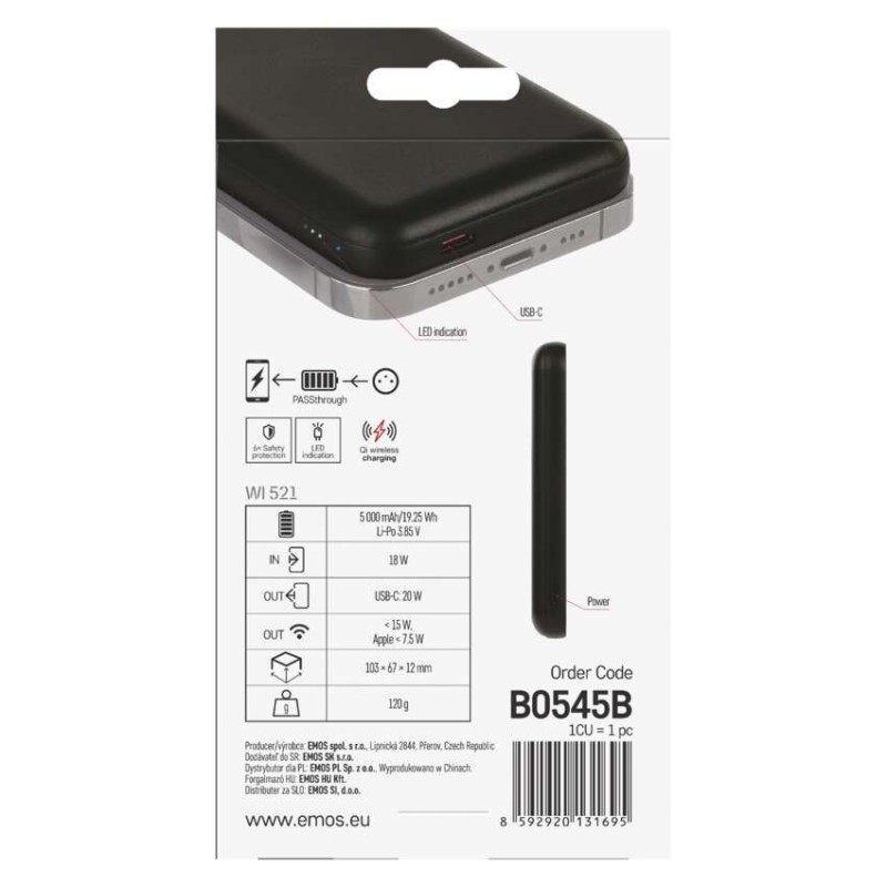 Powerbank EMOS WI 521, 5 000 mAh, 20 W+Wireless, czarny