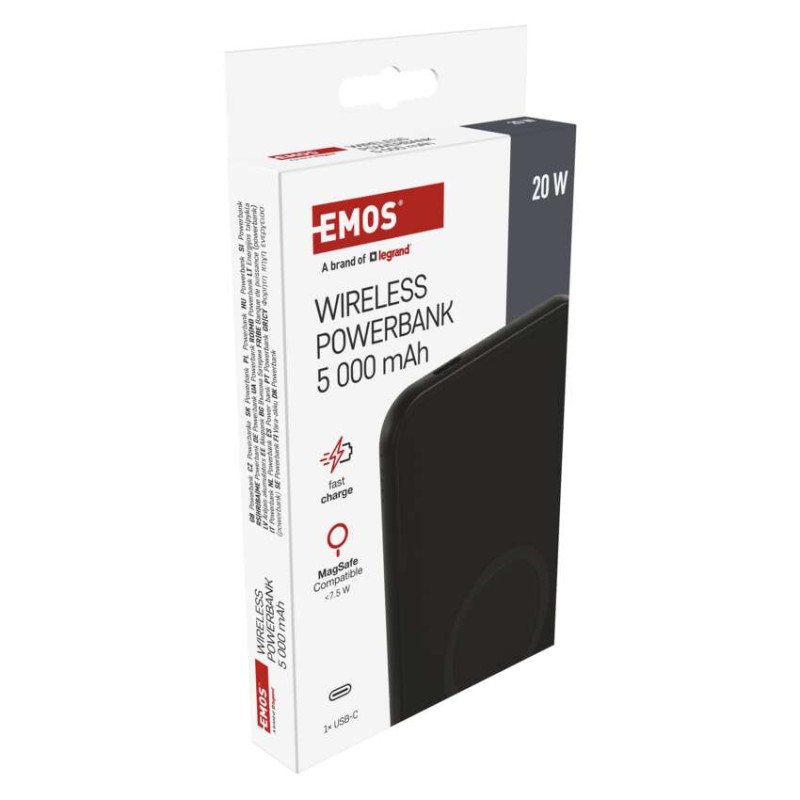 Powerbank EMOS WI 521, 5 000 mAh, 20 W+Wireless, czarny