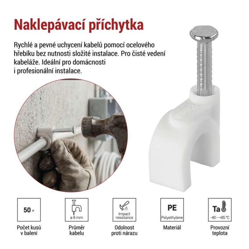 Kabelová příchytka 8 mm, bílá, 50 ks