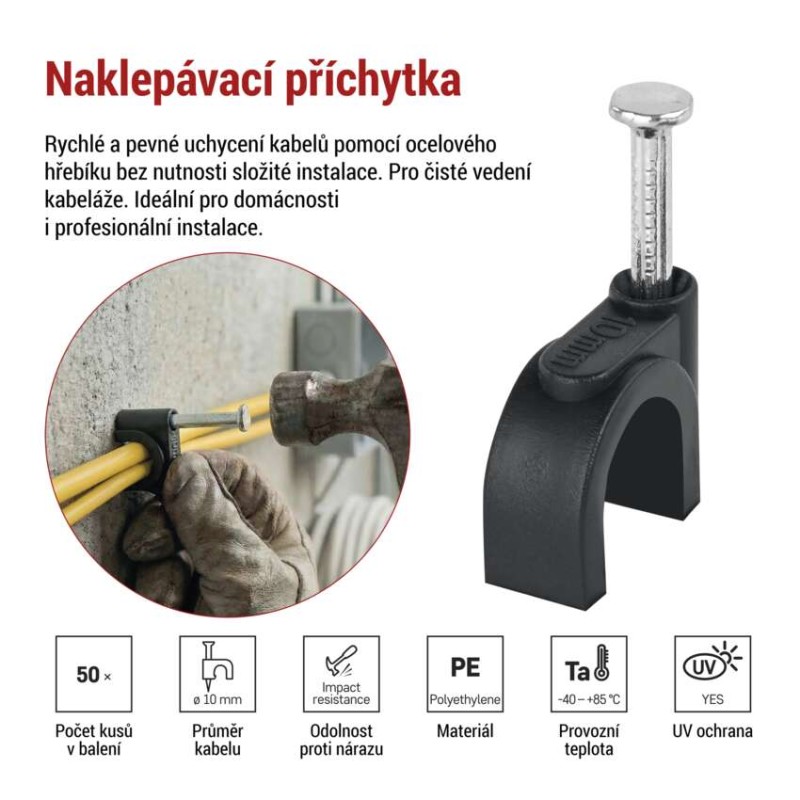 Kabelová příchytka 10 mm, černá, 50 ks