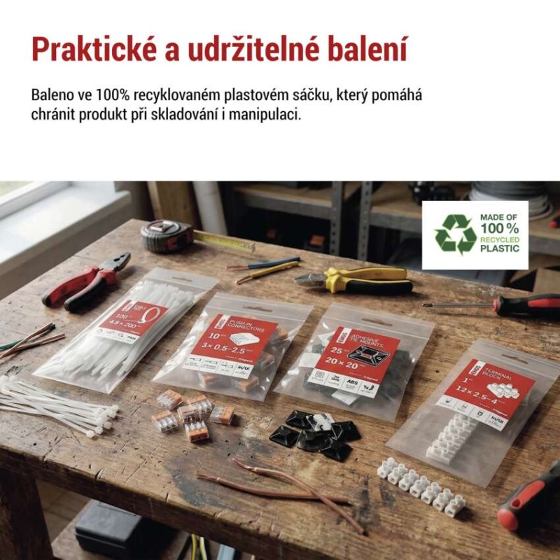 Samolepicí příchytka stahovacího pásku 20×20 mm, bílá, 25 ks