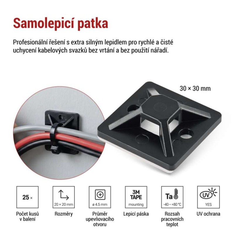 Samolepicí příchytka stahovacího pásku 30×30 mm, černá, 25 ks