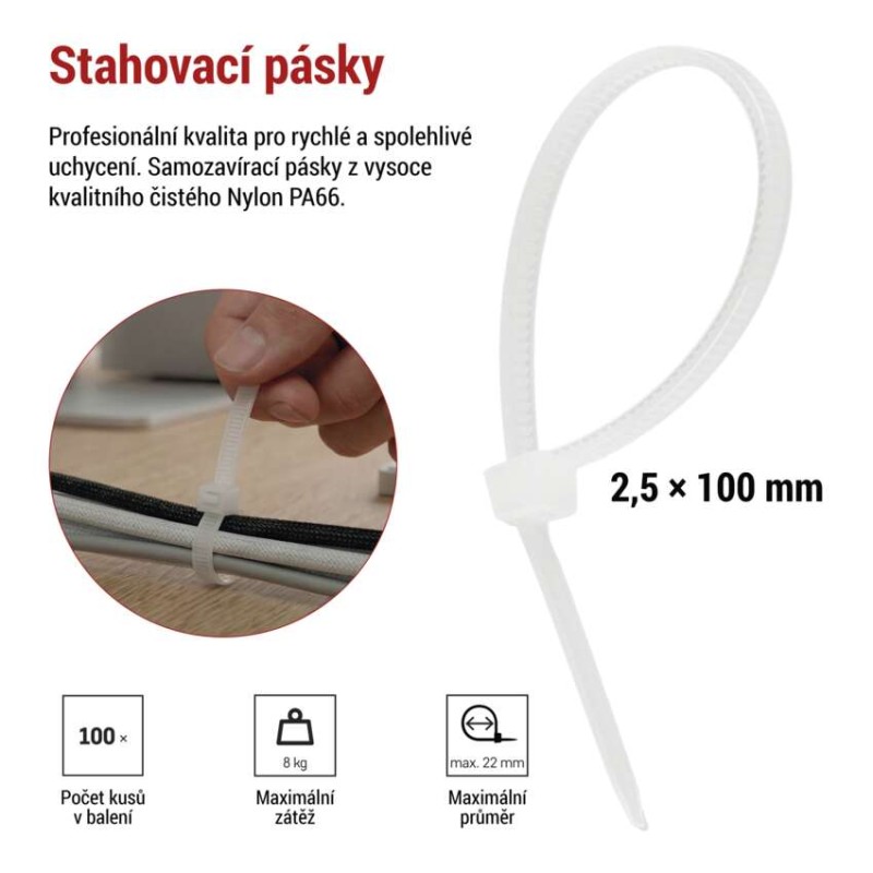 Stahovací páska 100×2,5 mm, bílá, 100 ks