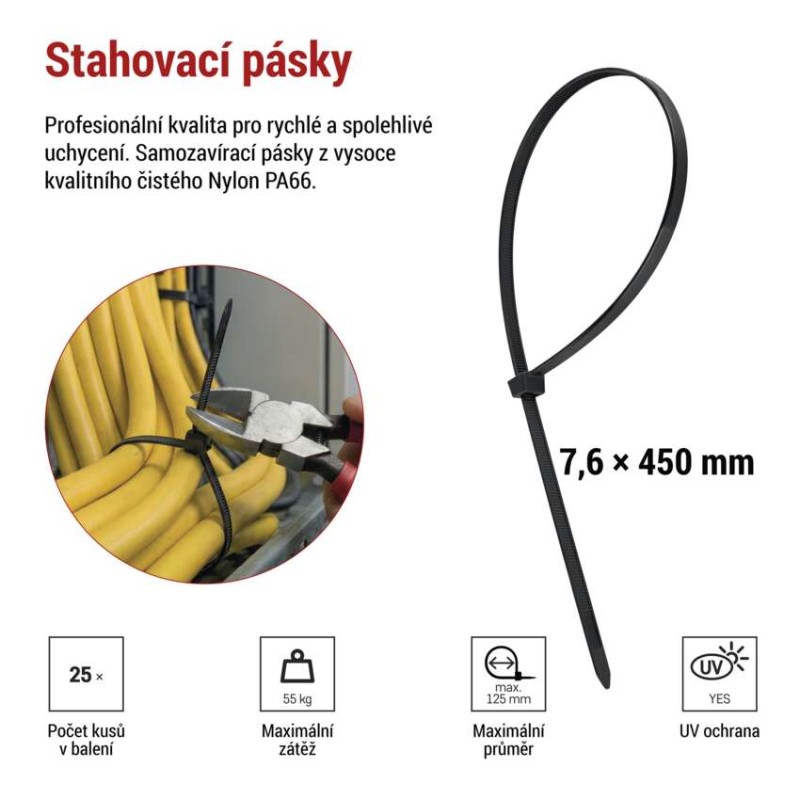 Stahovací páska 450×7,6 mm, černá, 25 ks