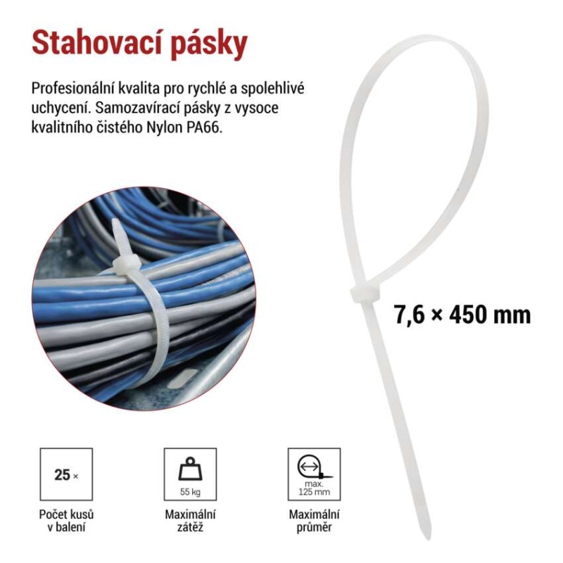 Stahovací páska 450×7,6 mm, bílá, 25 ks