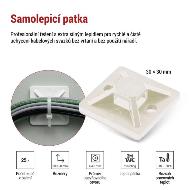 Samolepicí příchytka stahovacího pásku 30×30 mm, bílá, 25 ks