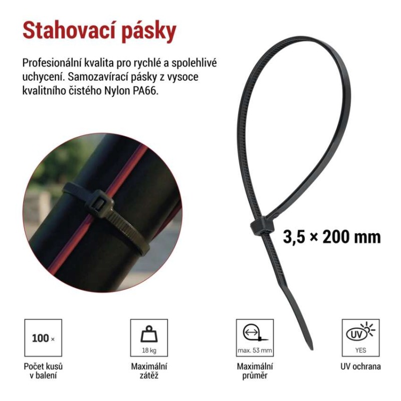 Stahovací páska 200×3,5 mm, černá, 100 ks