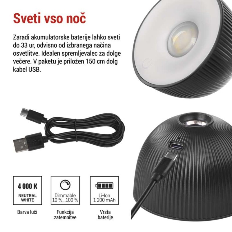 Namizna LED svetilka SOPHIE, polnilna, črna