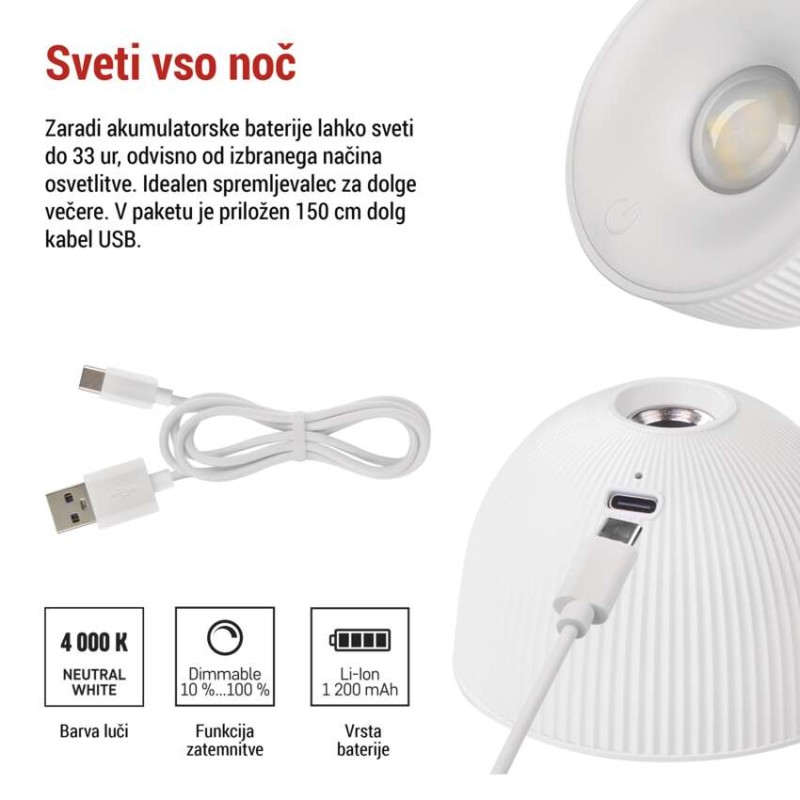 Namizna LED svetilka SOPHIE, polnilna, bela