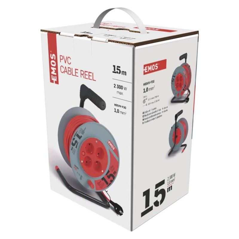 Przedłużacz bębnowy 15 m / 4 gniazda / czerwony / PVC / 230 V / 1 mm2