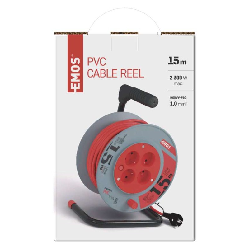 Przedłużacz bębnowy 15 m / 4 gniazda / czerwony / PVC / 230 V / 1 mm2