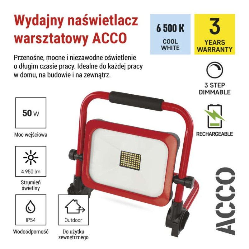Przenośny naświetlacz LED ACCO ładowalny 50W zimna biel