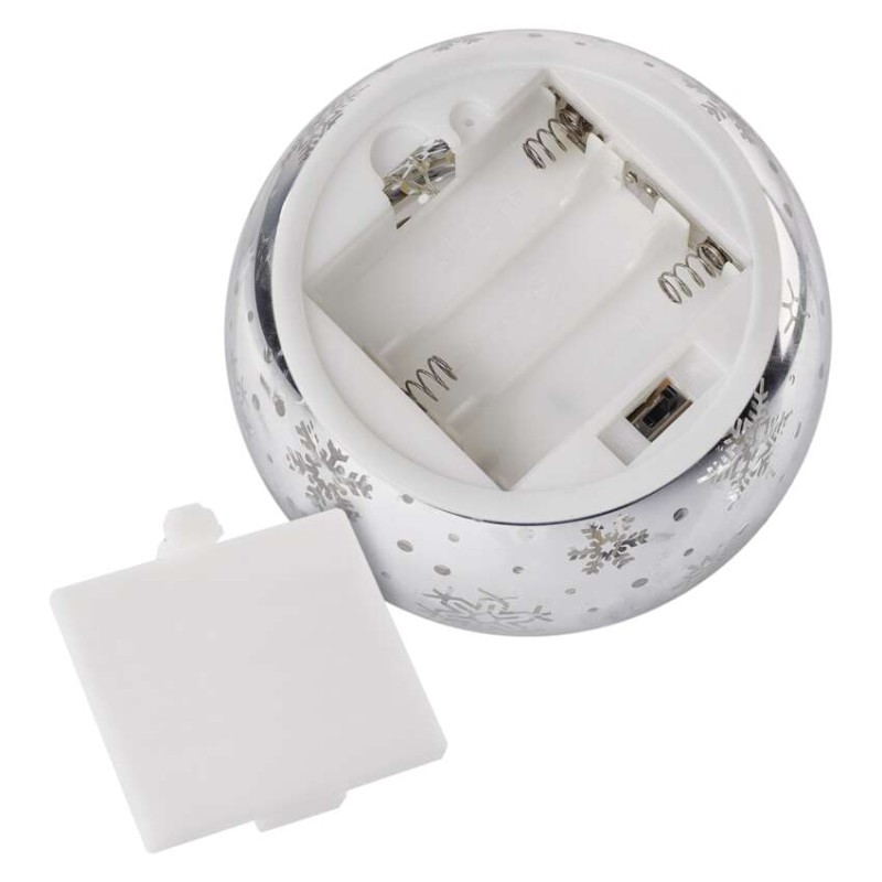 LED vianočná sklenená guľa – vločky, 12 cm, 3x AA, vnútorný, teplá biela, časovač