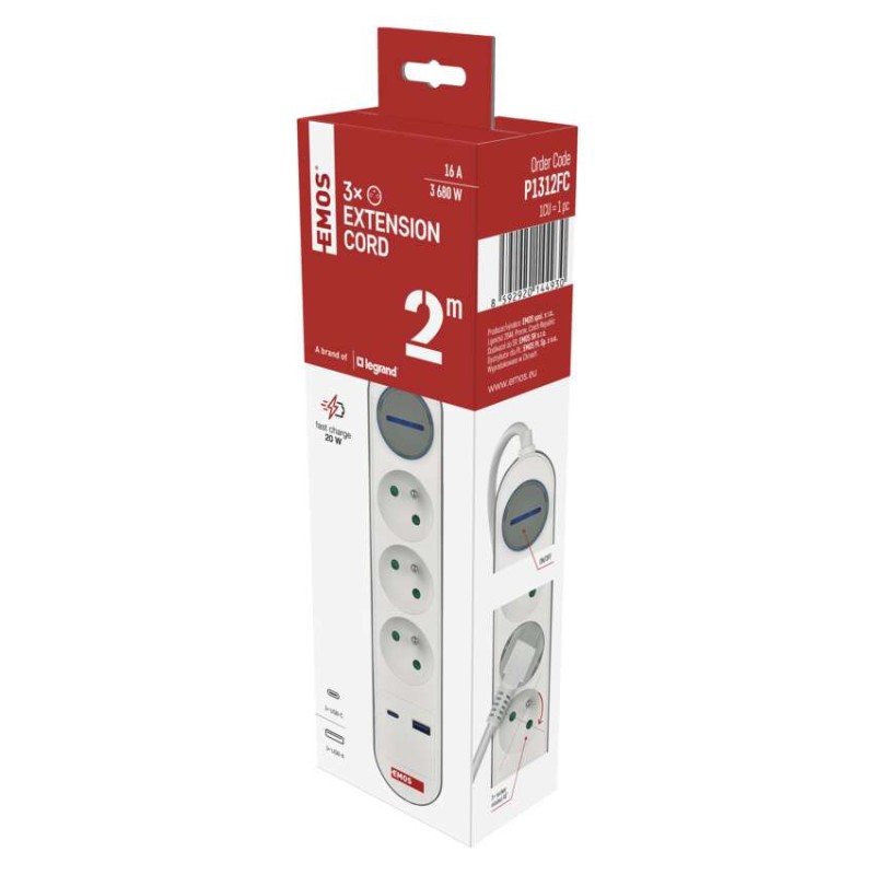Prodlužovací kabel 2 m / 3 zásuvky / s vypínačem / bílo-šedý / 1×USB-A + 1×USB-C / 1,5 mm2