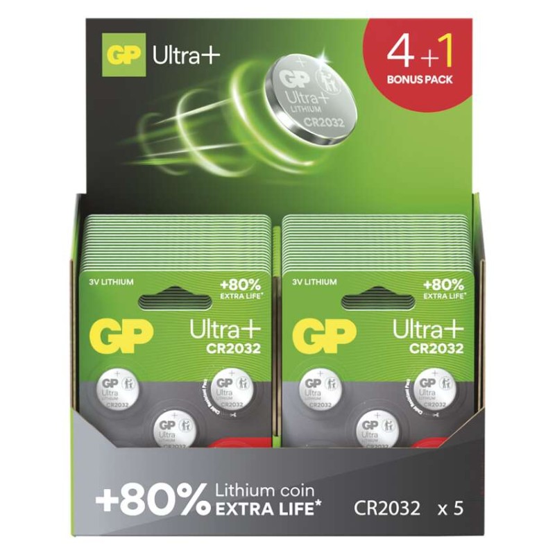 GP Ultra Plus CR2032 lítium gombelem, 200 db-os display box