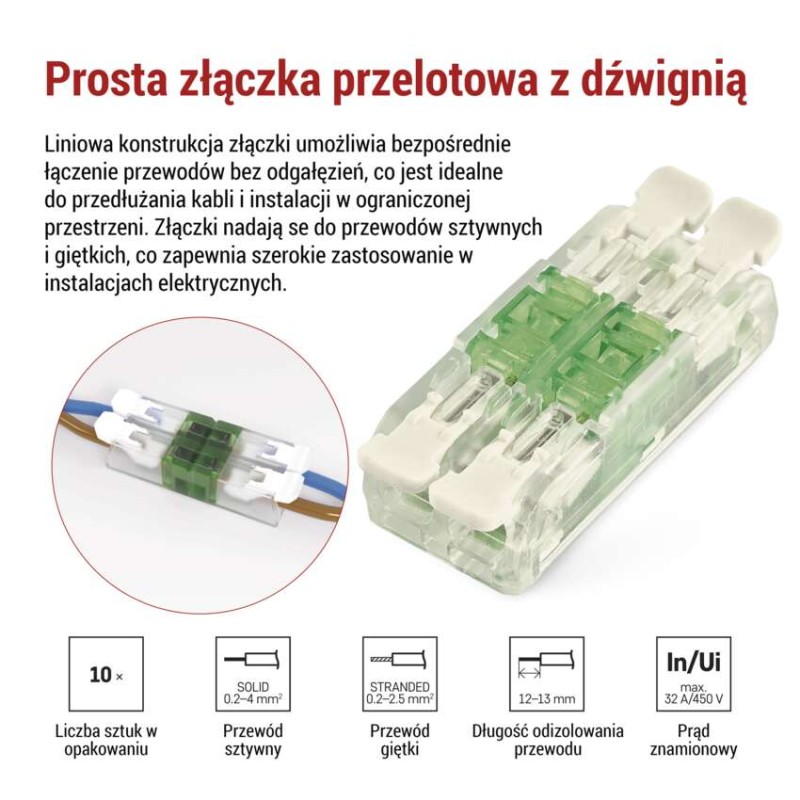Liniowa złączka z dźwigniami 4× 0,2–4 mm2, 10 szt