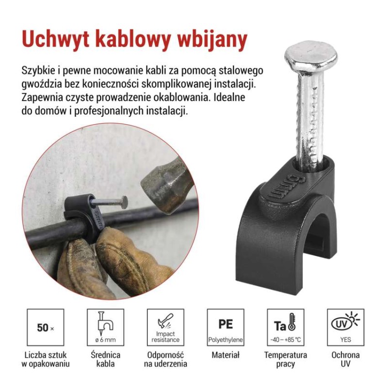Zaczep kablowy 6 mm, czarna, 50 szt