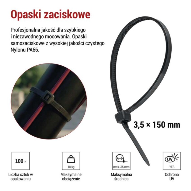 Opaska kablowa 150×3,5, czarna, 100 szt