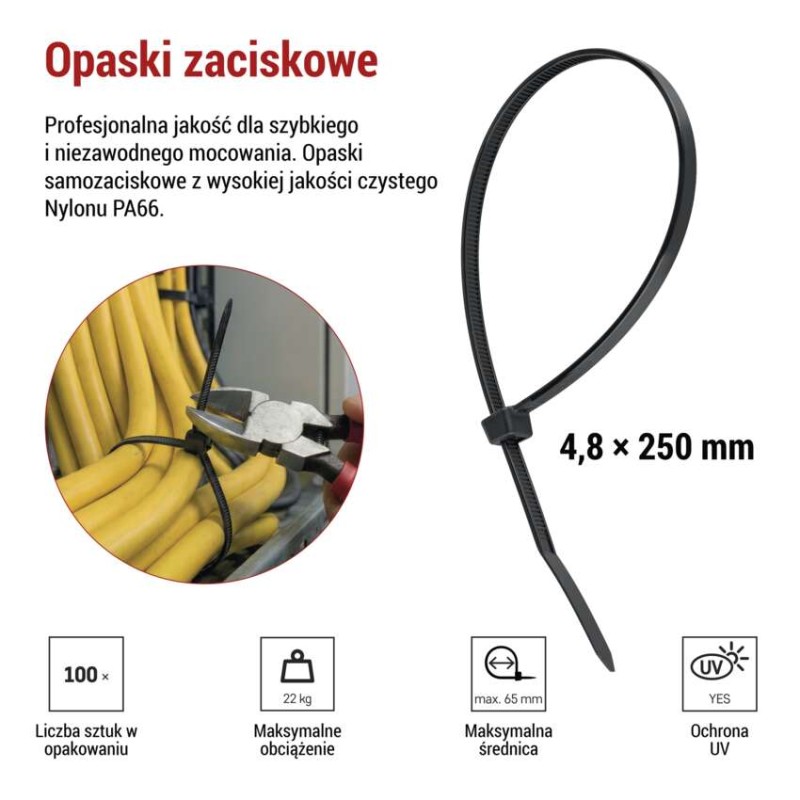Opaska kablowa 250×4,8, czarna, 100 szt