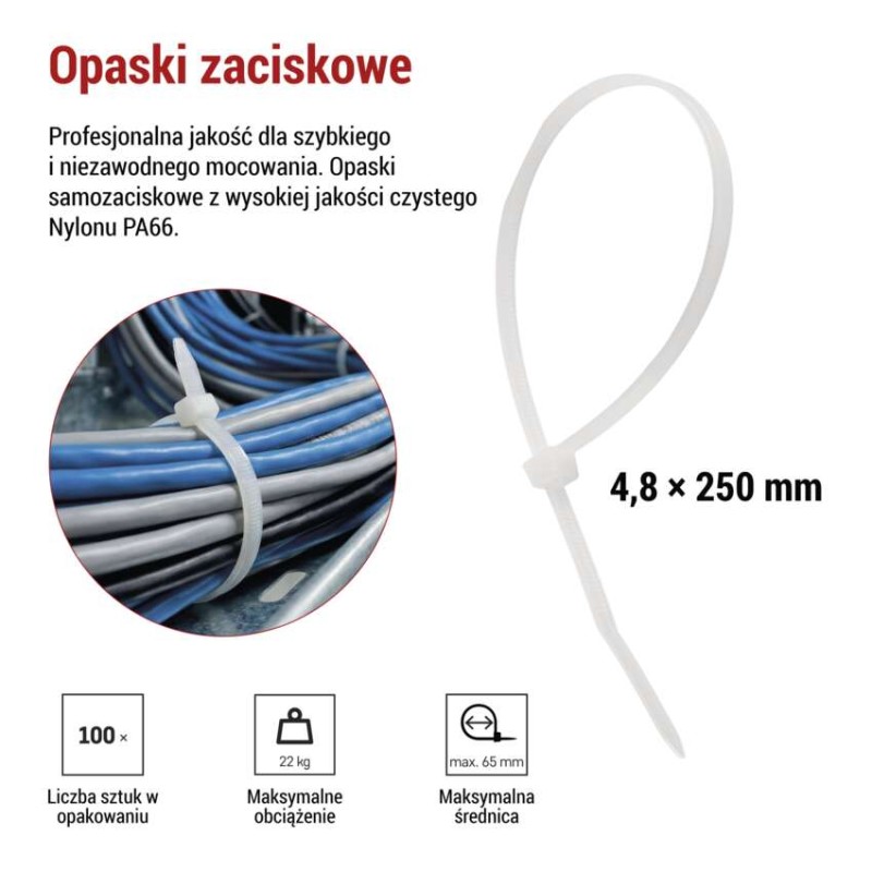 Opaska kablowa 250×4,8, biała, 100 szt