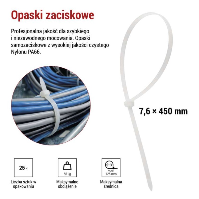 Opaska kablowa 450×7,6, biała, 25 szt