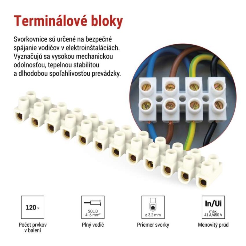 Skrutková svorkovnica 12× 4–6mm2, 450 V, biela, 10 ks