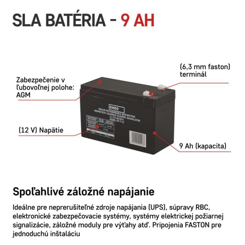 Bezúdržbový olovený akumulátor 12 V/9 Ah, faston 6,3 mm