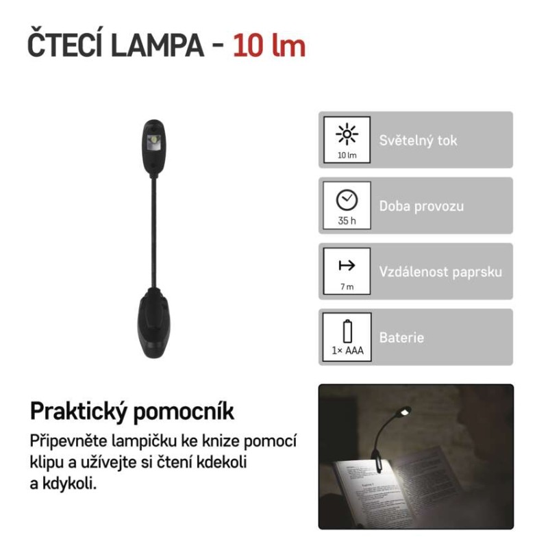 LED svítilna na čtení, 10 lm, 1× AAA