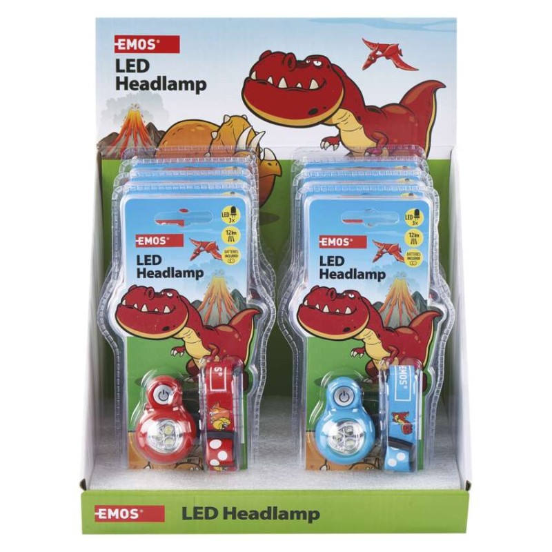 Dětská LED čelovka Dino, 2× CR2032, 8 ks, display box
