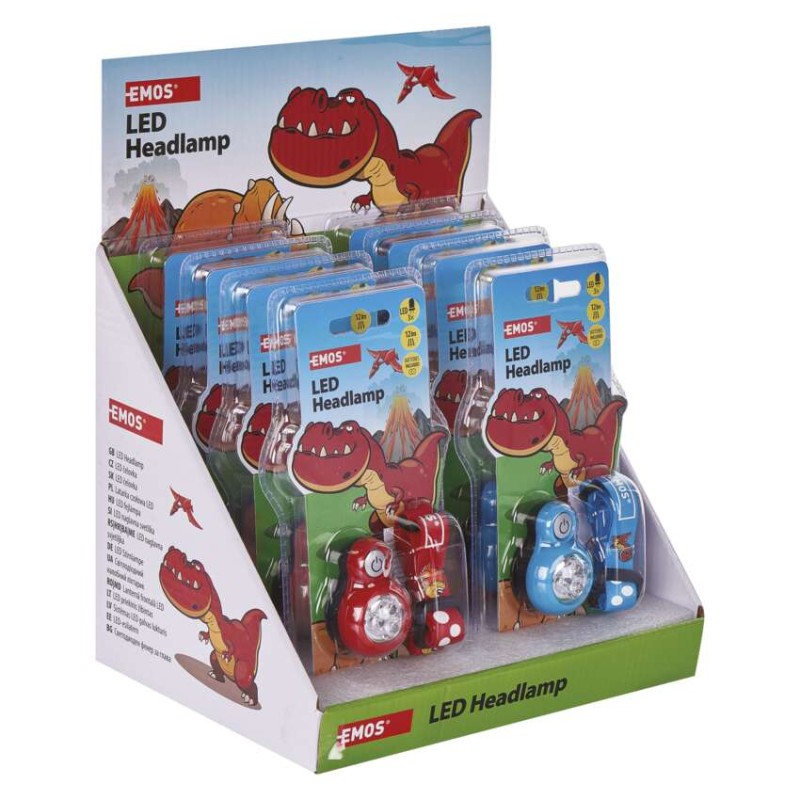 Dětská LED čelovka Dino, 2× CR2032, 8 ks, display box