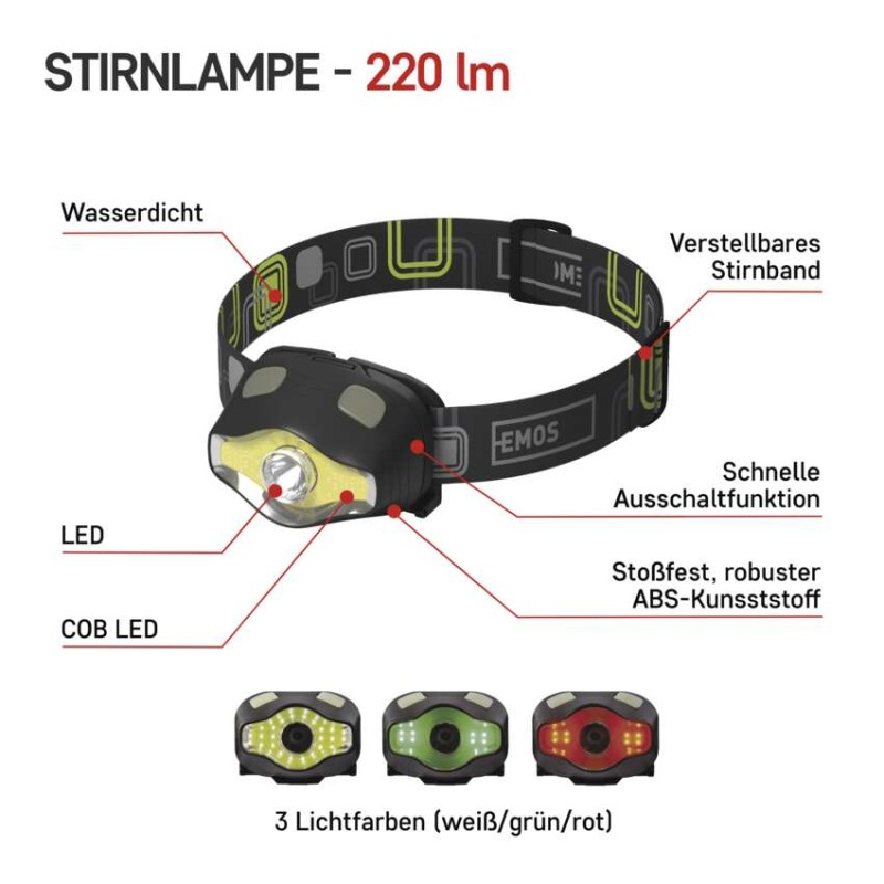 COB LED + LED Stirnlampe P3536, 220 lm, 100 m, 3x AAA