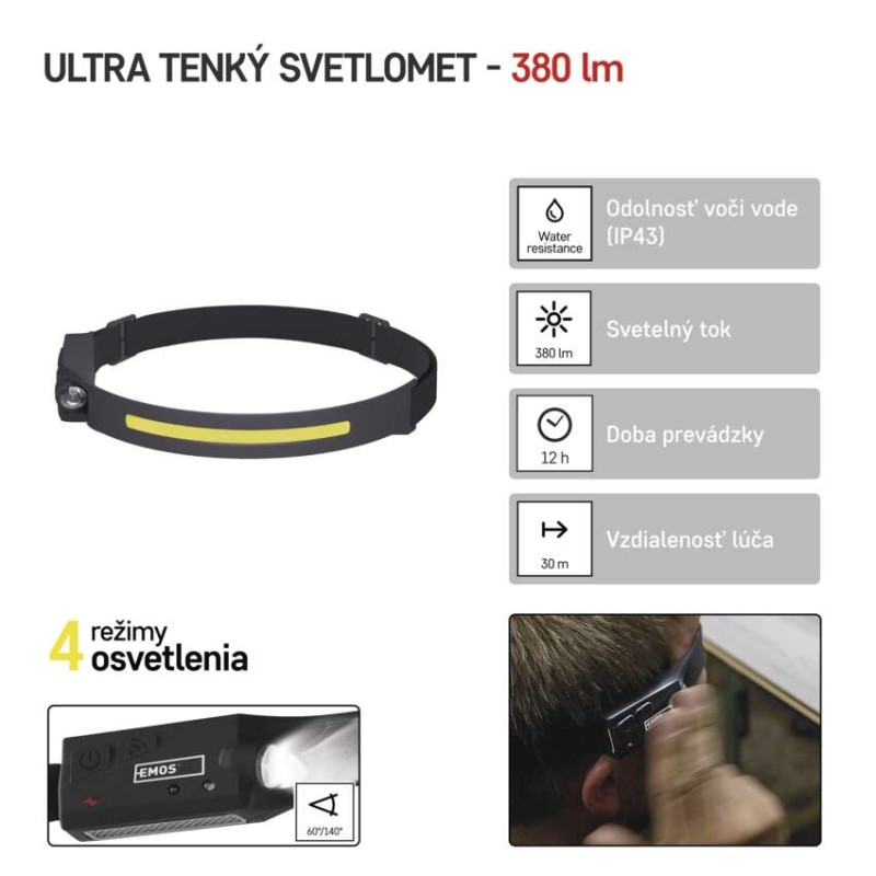 COB LED nabíjacia čelovka P3541, 380 lm, Li-Pol 1200 mAh