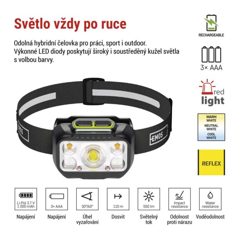 LED nabíjecí čelovka P3546, 550 lm, 110 m, Li-Pol 1000 mAh / 3× AAA
