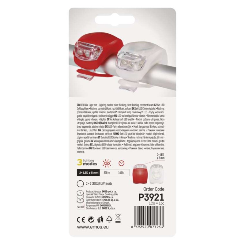 LED predné + zad. sviet. na bicykel P3921 na 2× CR2032,10 lm