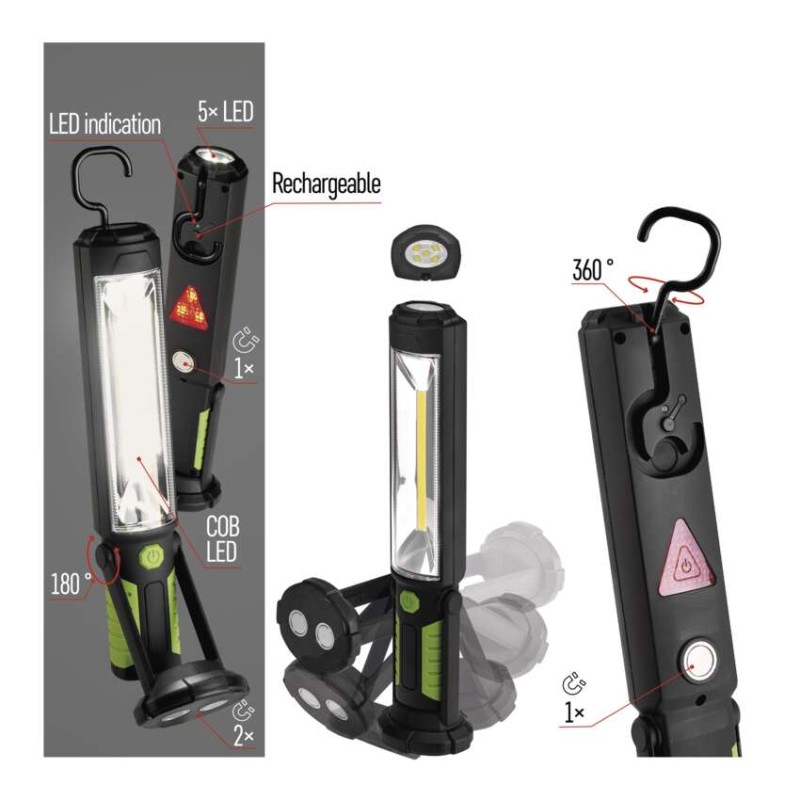 COB LED + LED uzlādējama lampa darbam P4525, 500 lm, 2000 mAh