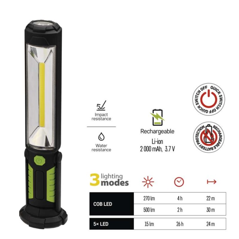 COB LED + LED uzlādējama lampa darbam P4525, 500 lm, 2000 mAh