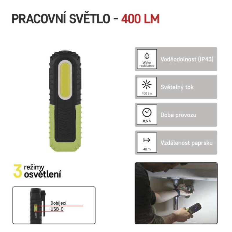 COB LED + LED nabíjecí prac. svítilna P4531, 400 lm, 2000 mAh
