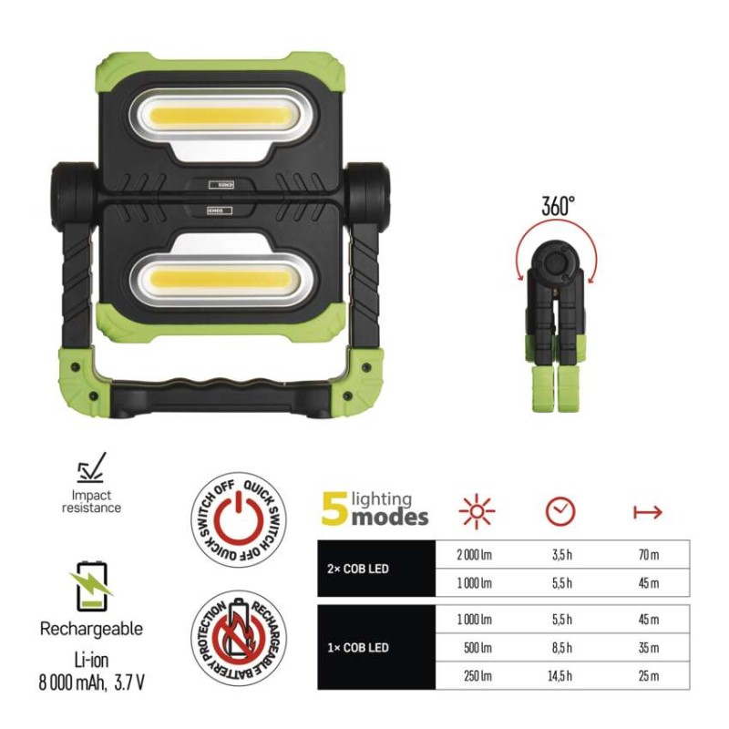 COB LED nabíjecí pracovní reflektor P4536, 2000 lm, 8000 mAh