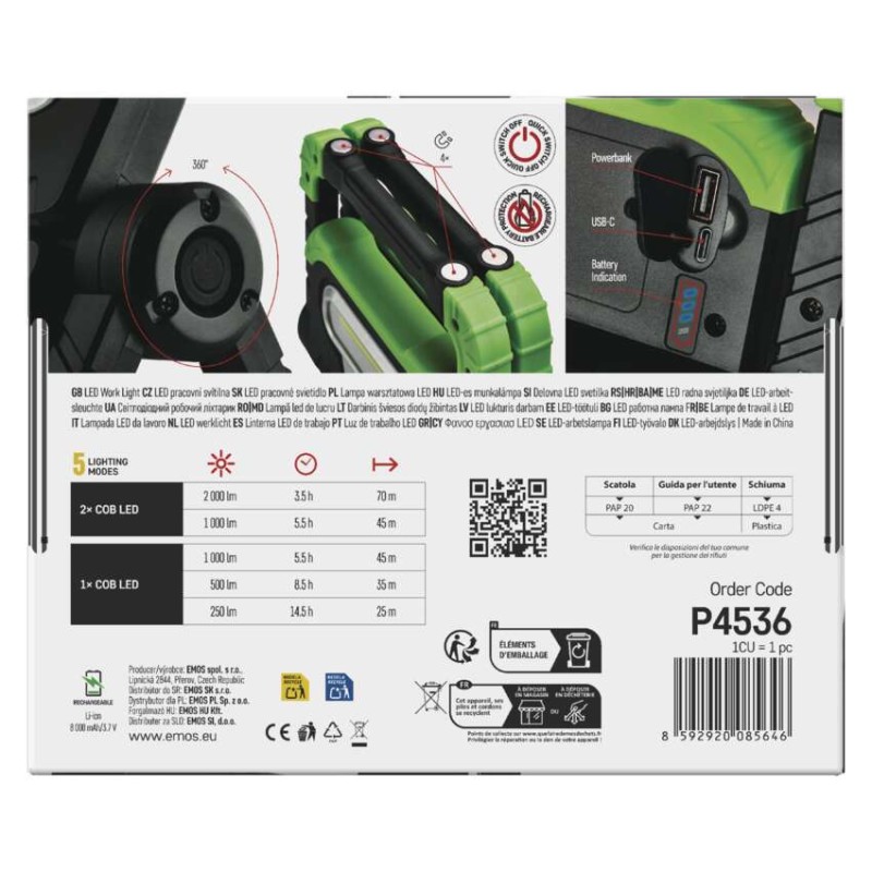 COB LED nabíjecí pracovní reflektor P4536, 2000 lm, 8000 mAh