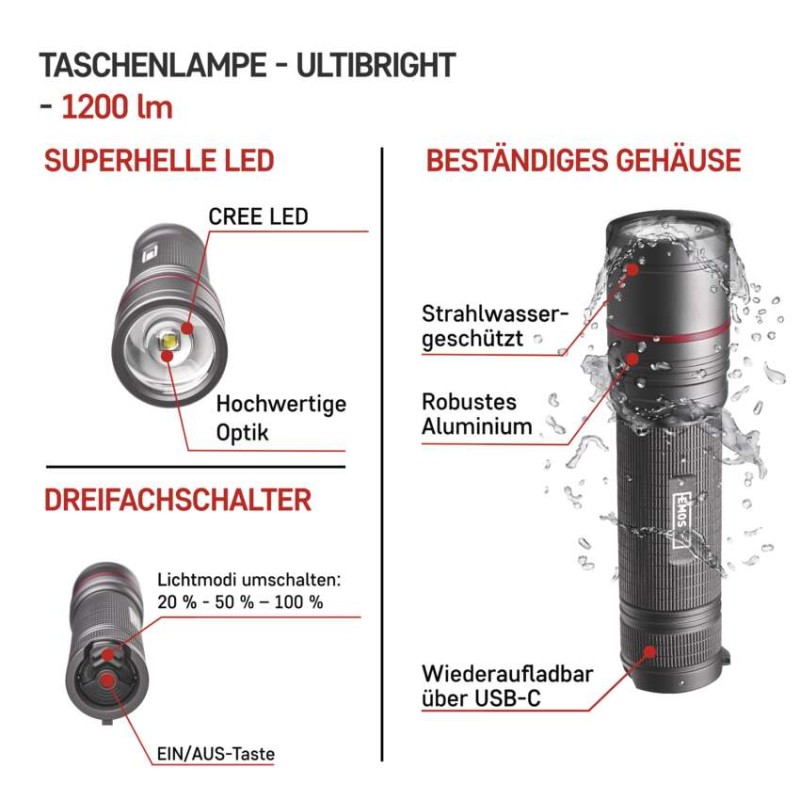 CREE LED Aufladbare Metall-Taschenlampe Ultibright 90, 1200lm