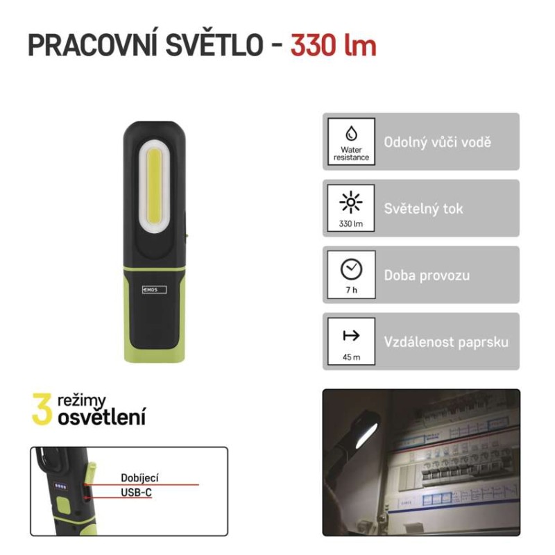 COB LED + SMD LED nabíjecí svítilna P4537, 330 lm, 1200 mAh