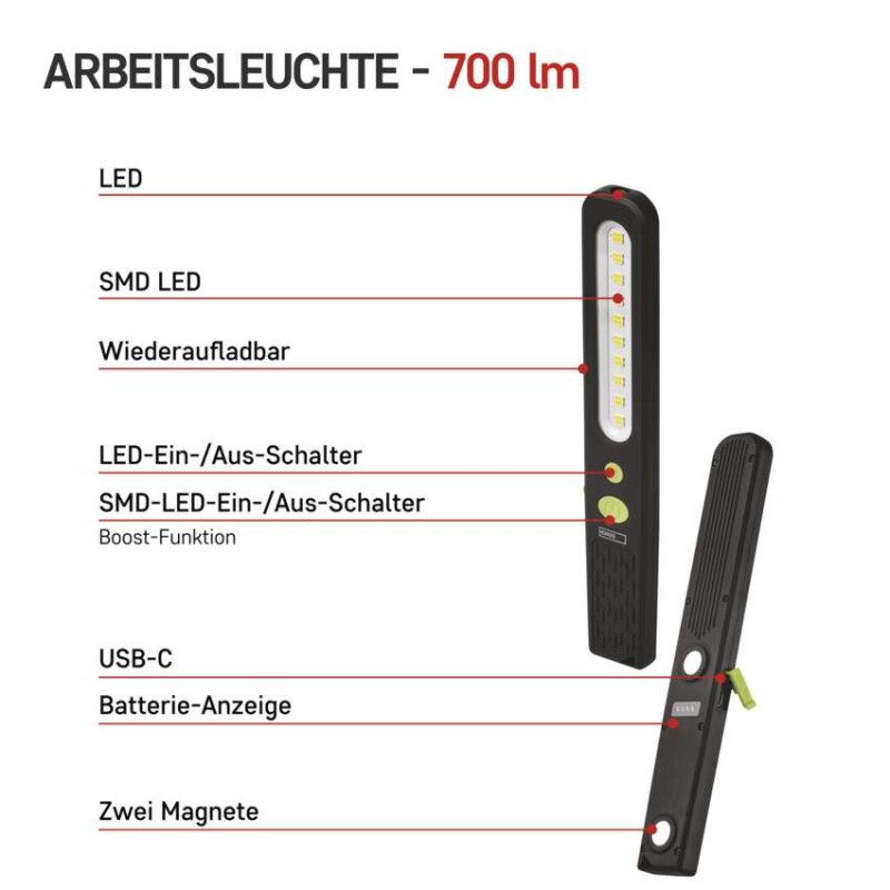 SMD LED + LED aufladbare Arbeitsleuchte P4538, 700 lm, 1200 mAh