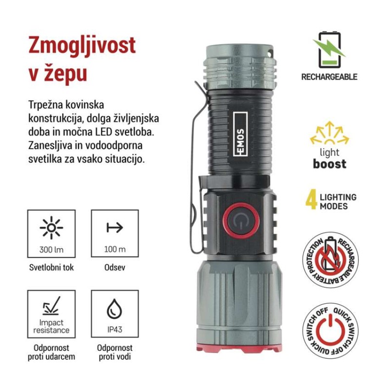 LED Polnilna svetilka kovinska 300 lm, 700 mAh