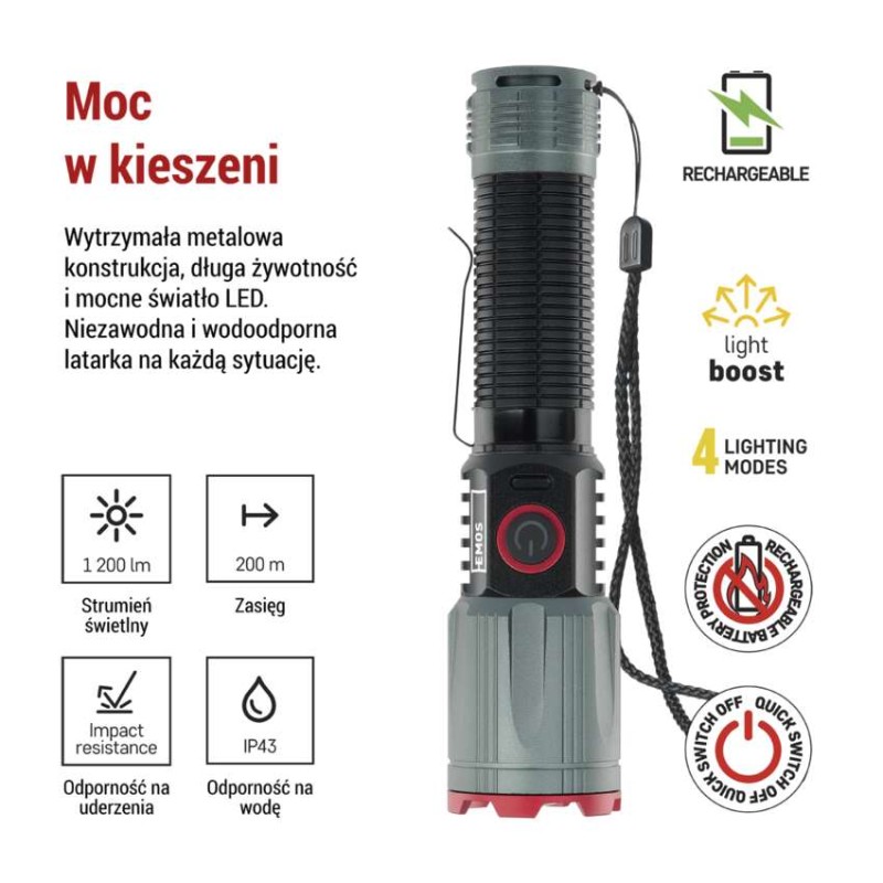Latarka metalowa LED 1200 lm, 2200 mAh, ładowalna