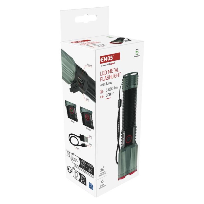 Latarka metalowa LED 3000 lm, 5000 mAh, ładowalna