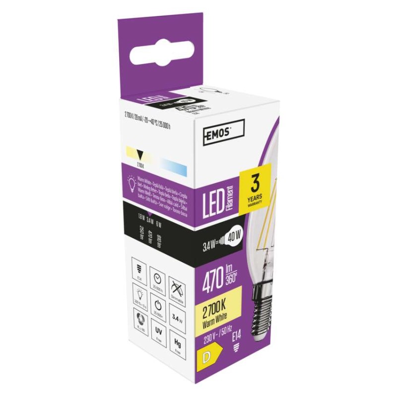 LED žarnica Filament Candle / E14 / 3,4 W (40 W) / 470 lm / toplo bela