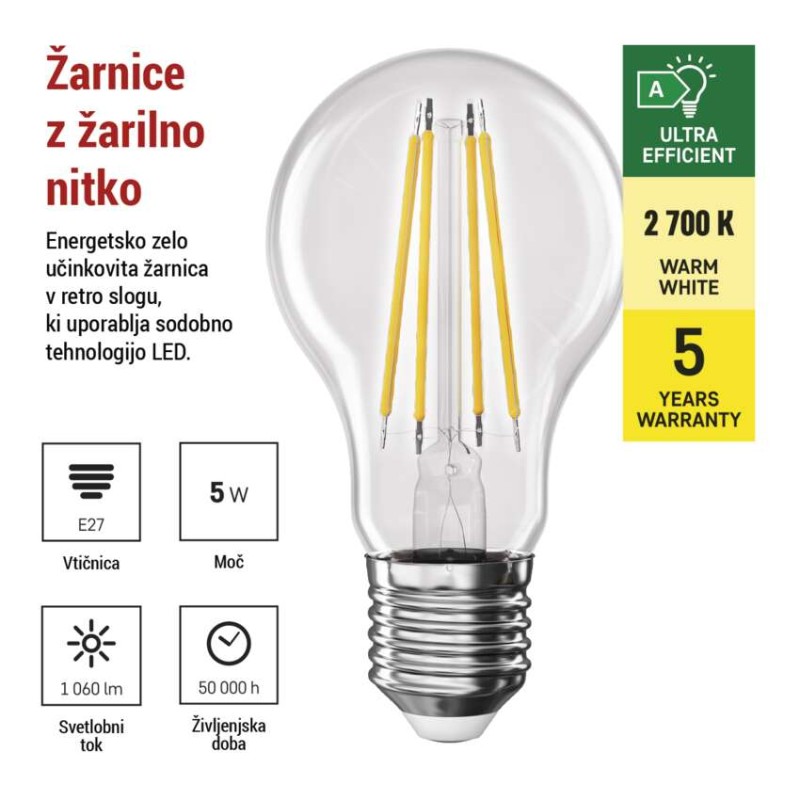 LED žarnica Filament A60 A CLASS/ E27 / 5 W (75 W) / 1 060 lm / toplo bela