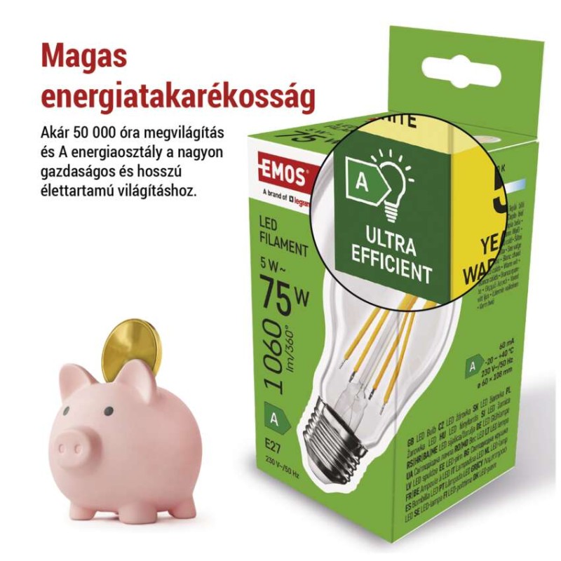 LED izzó Filament A60 A CLASS/ E27 / 5 W (75 W) / 1 060 lm / meleg fehér