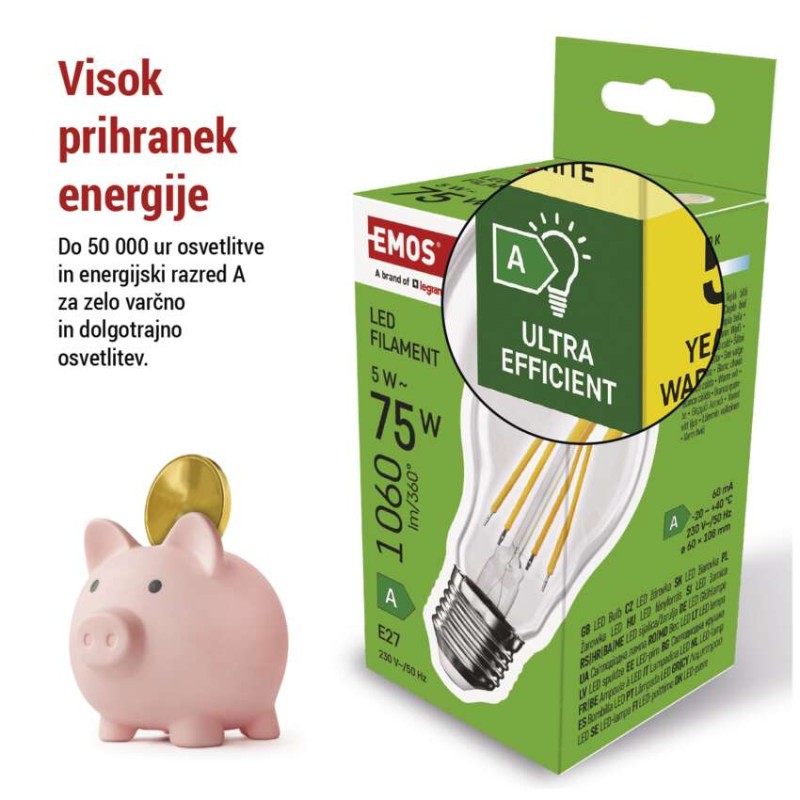 LED žarnica Filament A60 A CLASS/ E27 / 5 W (75 W) / 1 060 lm / toplo bela